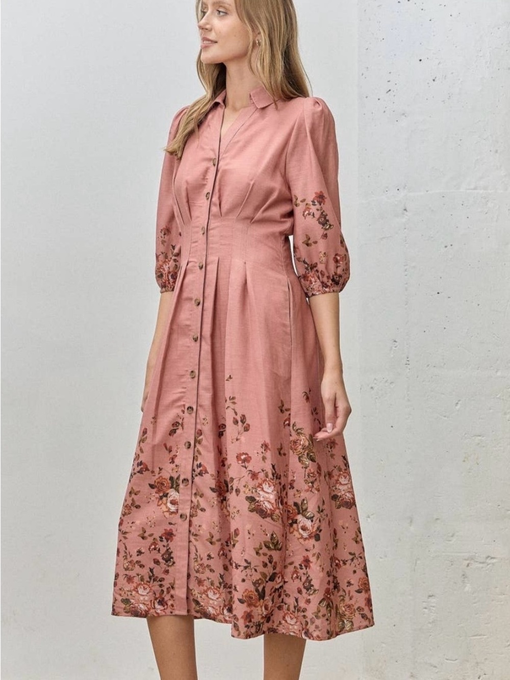 Gorgeous Coral Pink Floral Button-Front Midi Dress with Puff Sleeves